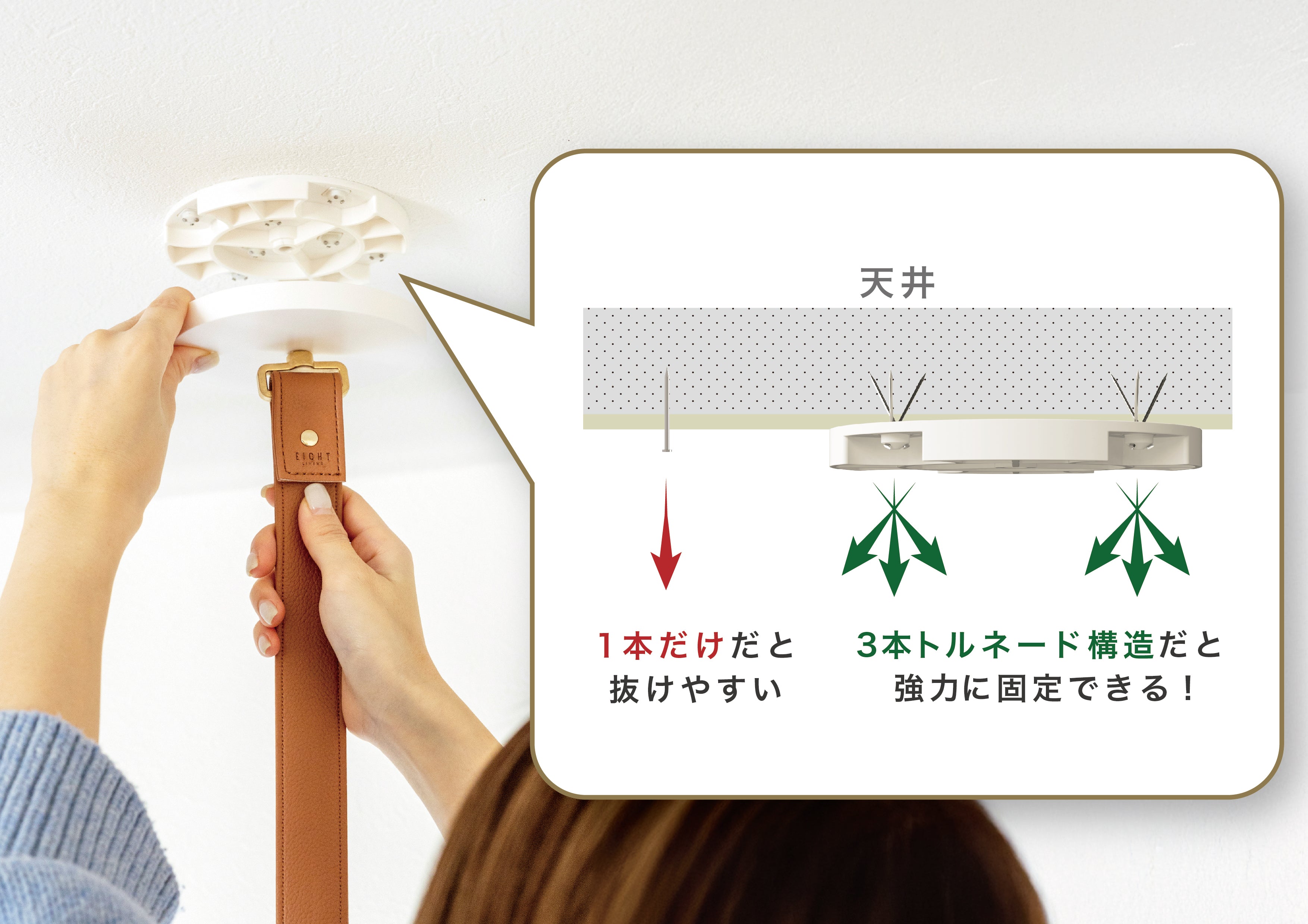 1本だけだと抜けやすい。3本トルネード構造だと強力に固定できる!
