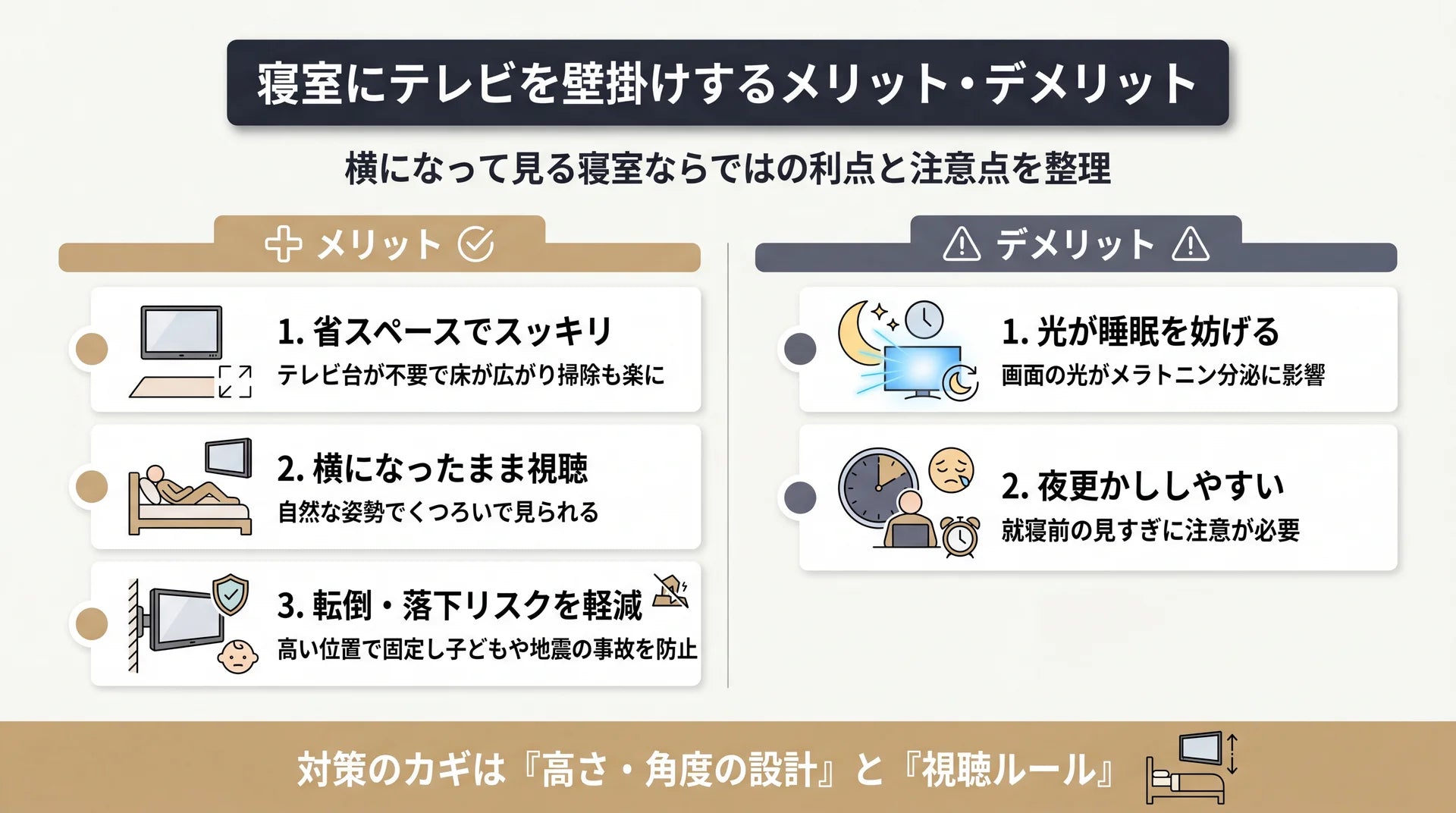省スペース・横臥視聴・転倒防止の3利点と、光による睡眠影響・夜更かしの2注意点を寝室視点で対比整理した図