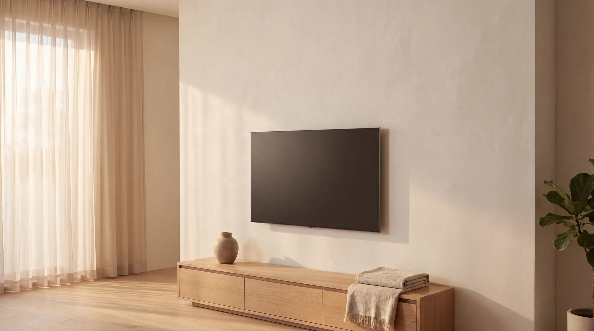 壁にすっきり収まる薄型テレビと壁掛け金具のイメージ