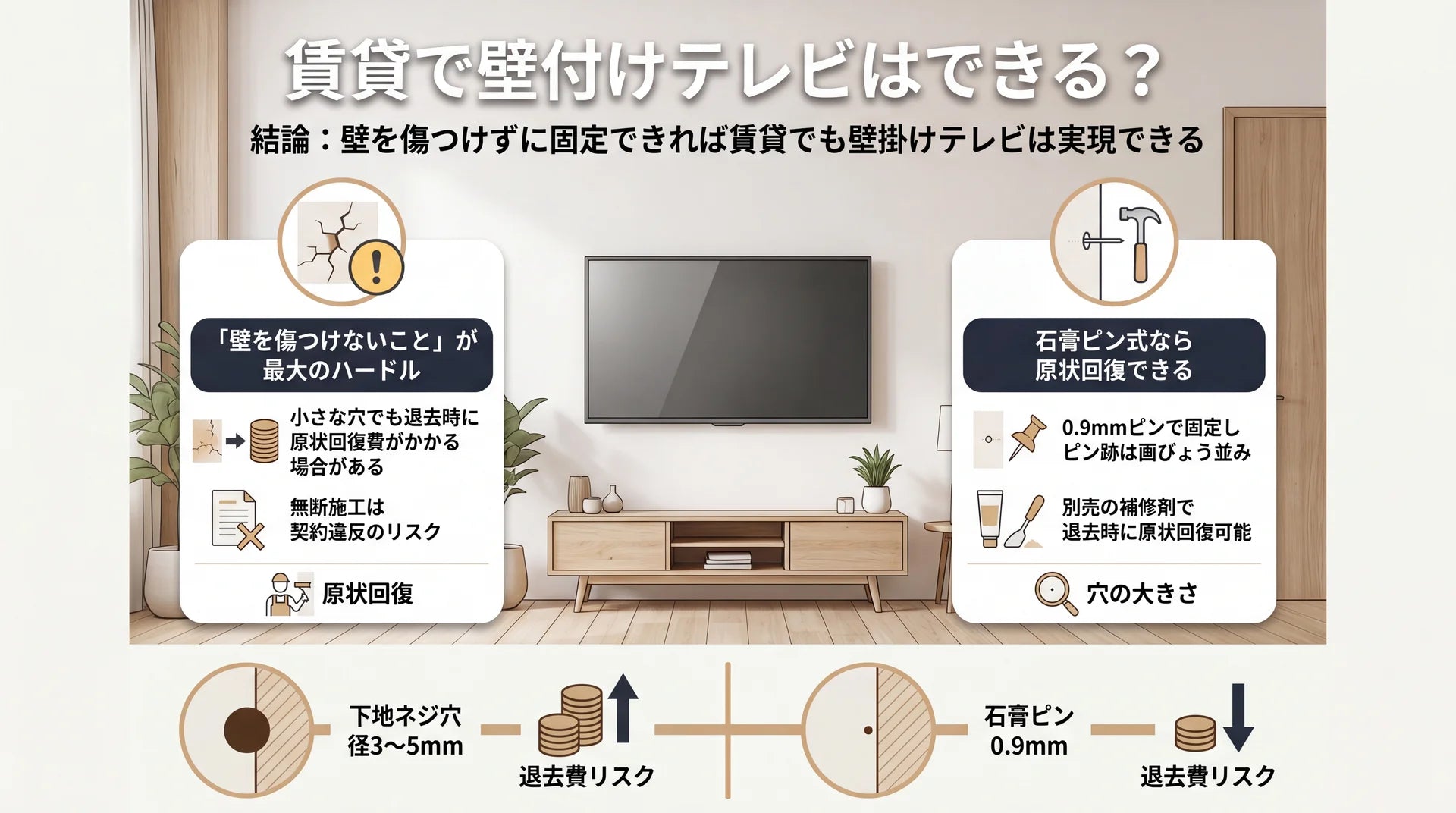 賃貸で壁付けテレビ（壁掛け）はできる？結論と修繕費リスク